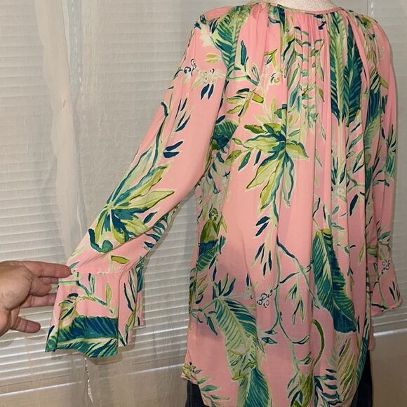 Lilly Pulitzer L Willa Pink Green Tropical Long Flounce Sleeve Front Tie Top - Picture 9 of 12